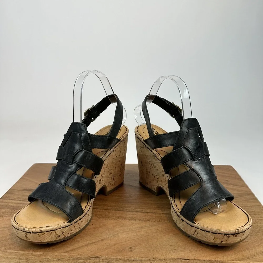 New Womens Born Bernese Black Leather Strappy Wedge Heeled Casual Sandals Size 9
